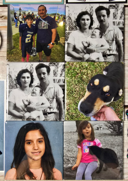Collage of family photos and a dog on a textured beige background